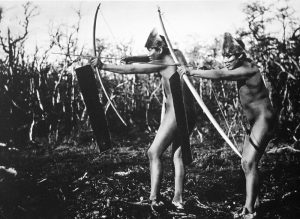 Two hunters with bows and arrows